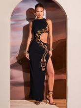 Lade das Bild in den Galerie-Viewer, BLACK SNAKE PRINTED HOLLOW LONG DRESS
