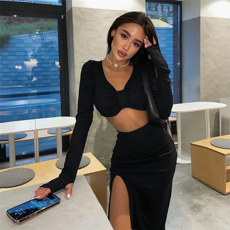 SOLID BLACK TWO PIECE CROP TOP & SKIRT