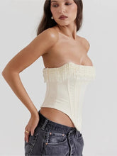 Afbeelding in Gallery-weergave laden, STRAPLESS BEADED TASSEL CORSET AND PLEATED MINI SKIRT SET
