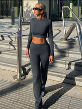 Load image into Gallery viewer, 2 PIECE FOLD OVER JERSEY FLARE PANTS &amp; LONG SLEEVE SLIM CROP TOP
