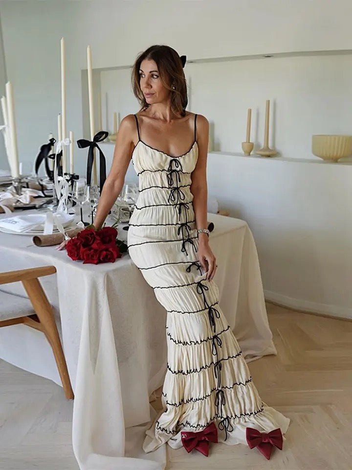 SOLID LACE UP BOW PLEATED MAXI  DRESS