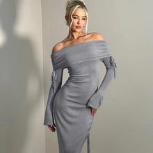 Load image into Gallery viewer, OFF THE SHOULDER KNITTED MIDI DRESS
